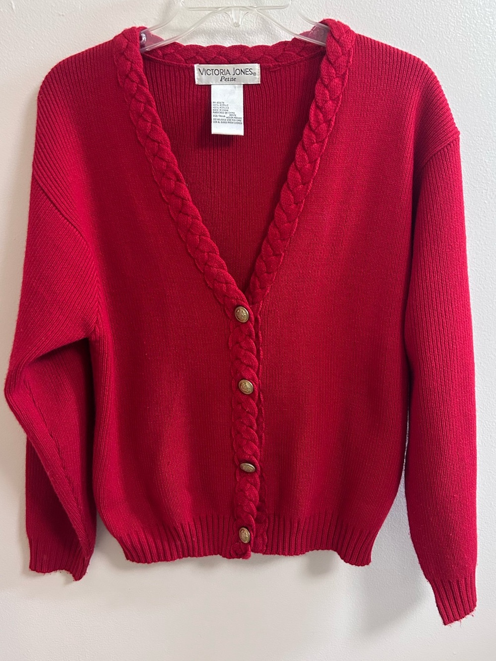 Vintage Victoria Jones Red Cable Knit V-Neck Cardigan Sweater Medium Petite